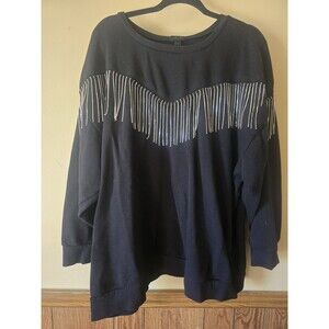 Womens Torrid Rhinestone Fringe Sweatshirt Fleece Crew Neck Black Western Size 4